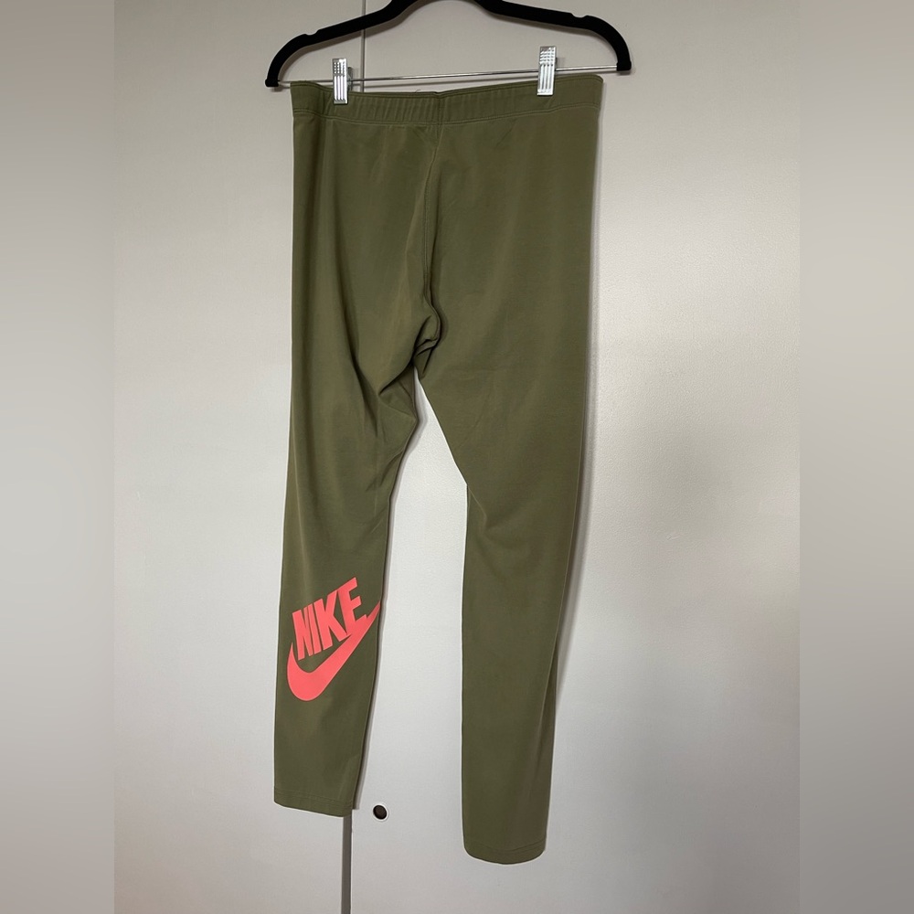 Nike Olive Green Leggings with Neon Pink Swoosh